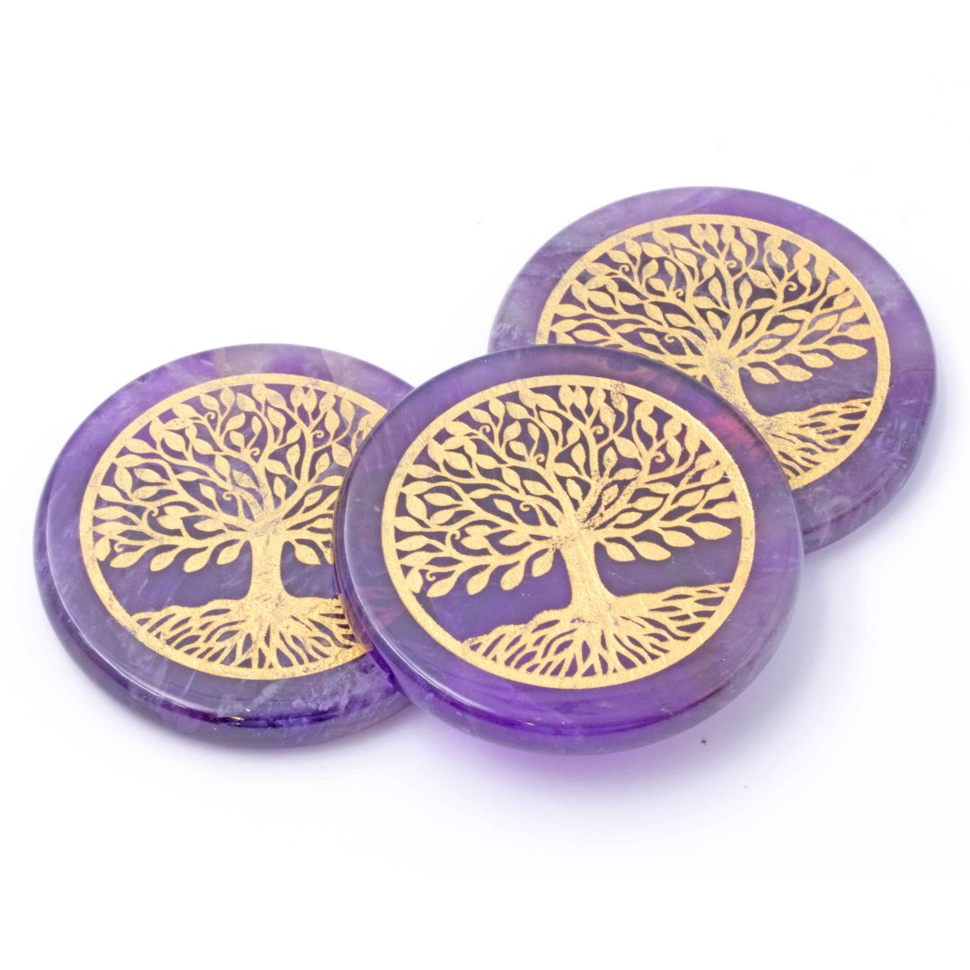 Bild von Amethyst Disc 30x6mm "Lebensbaum" mit Gravur goldfarben